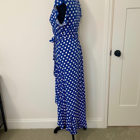 Grecerelle Spring Dress, V Neck Maxi,  Blue/White Polka Dots, M, EUC - Picture 6 of 9